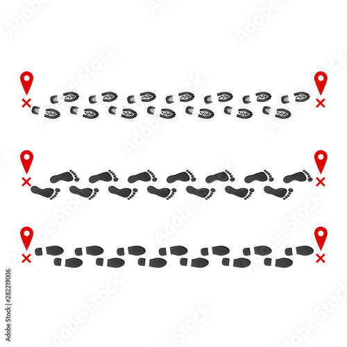 Footprint trail from start point to finish pin. Print of boots and barefoot. vector illustration isolated on white background