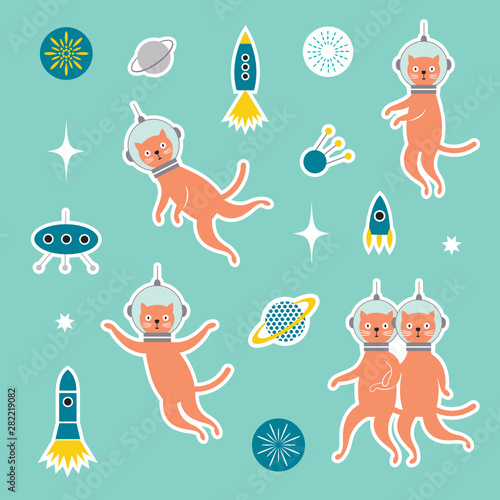 Set od stickers with cats spacemen, stationery edesign elements, scrapbook elements