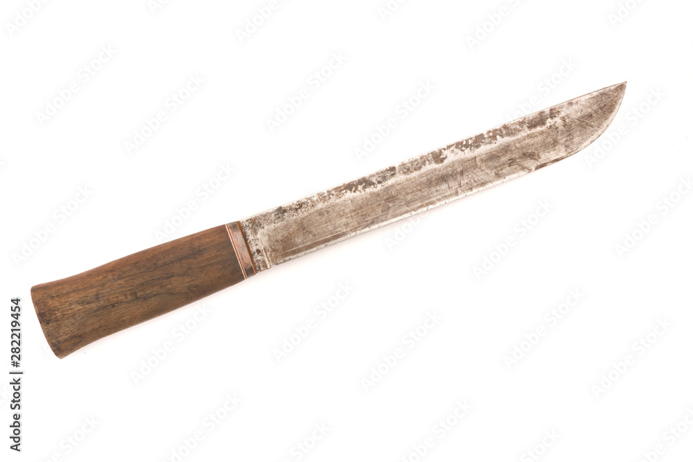 old machete with wooden handle isolated on white background old machete with wooden handle isolated on white background