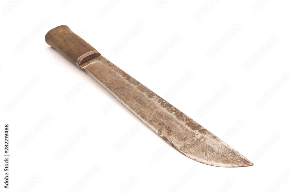 old machete with wooden handle isolated on white background old machete with wooden handle isolated on white background