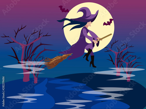 Witch flies on a broomstick, coven. Fantasy halloween. In minimalist style. Cartoon flat vector