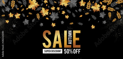 Autumn Sale. Luxurious advertising banner with golden season falling leaves.
