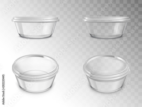 Glass jars set, empty open containers for canning with thread for cap in different positions, package for preserving food, products isolated on transparent background. Realistic 3d vector illustration