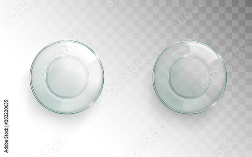 Empty glass cup top view, glassful for water set isolated on transparent background, kitchenware design element for advertising, clear container for drink. Realistic 3d vector illustration, clip art