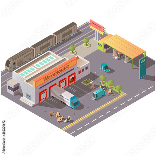Isometric warehouse and petrol station, delivery company shipping service, logistics center with cargo trucks loading goods at parking gates, filling cars and train on railroad, 3d vector illustration