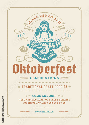 Oktoberfest flyer or poster retro typography template design beer festival celebration vector illustration