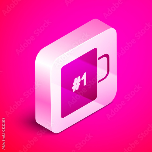 Isometric Coffee cup flat icon isolated on pink background. Tea cup. Hot drink coffee. Silver square button. Vector Illustration