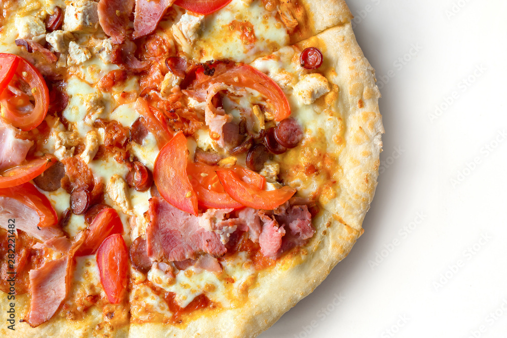 Pizza with tomatoes, bacon, on white isolated background close up. View from above. Pizza with tomatoes, bacon, on white isolated background close up. View from above.