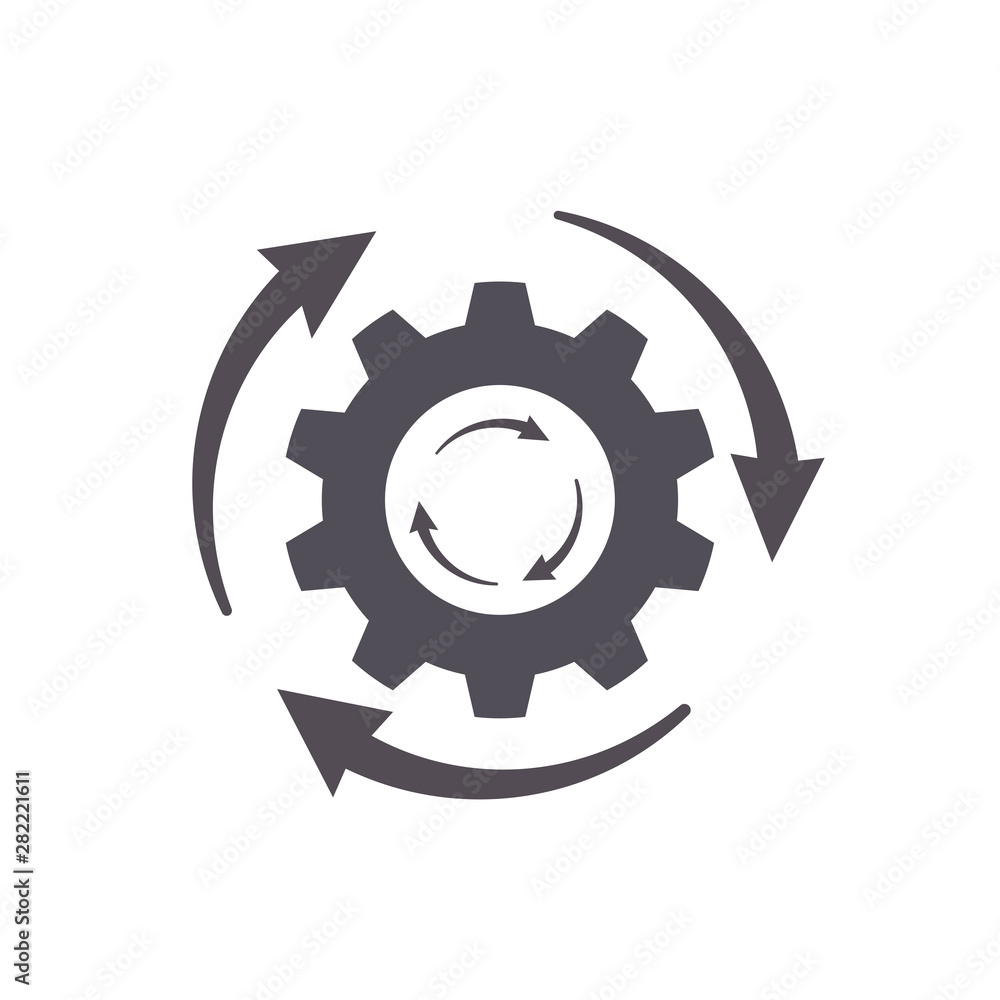 Three arrows around gear wheel sign. Flat cog vector icon of workflow procedure. Business industrial illustration Three arrows around gear wheel sign. Flat cog vector icon of workflow procedure. Business industrial illustration