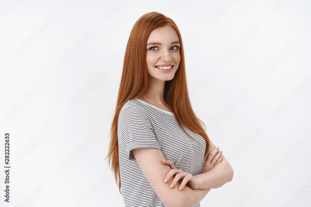 Skilfull confident cheerful smiling redhead woman blue eyes standing profile self-assured pose hands crossed chest turning face left amused interested, professional freelancer ready get work Skilfull confident cheerful smiling redhead woman blue eyes standing profile self-assured pose hands crossed chest turning face left amused interested, professional freelancer ready get work