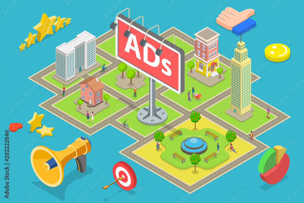 Isometric flat vector concept of outdoor advertising, city advertisement billboards and banners, outbound marketing campaign.