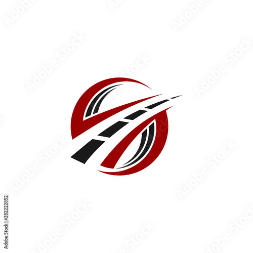 Curving tarred road or highway icon logo with center markings with diminishing perspective to infinity, cartoon illustration isolated on read and black