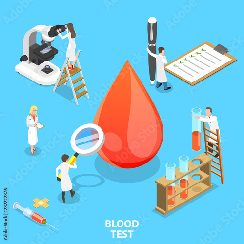Isometric flat vector concept of blood test procedure, hospital hematology laboratory, complete blood count.