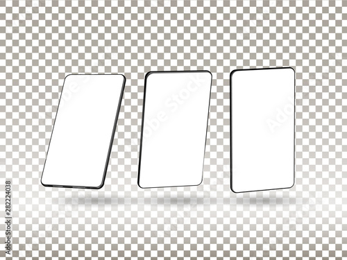 Realistic smartphone mockup. Cellphone frame with blank display isolated templates, phone different angles views. Vector mobile device concept