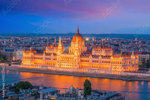 Parliament building over delta of Danube river in Budapest