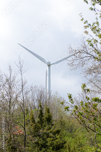 A wind mill of the Monte Galletto wind farm found on the path of the Gods way in Emilia Romagna a famous trecking road.