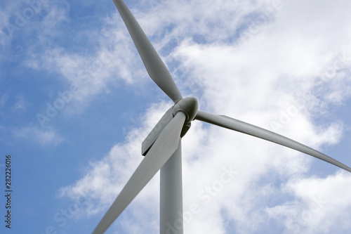 Detail of a wind turbine in the Monte Galletto wind farm in Bologna Italy. This wind farm is on the Gods way a touristic trecking path in Emilia Romagna