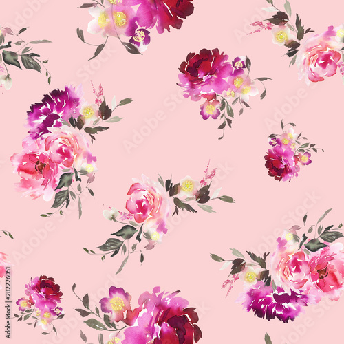 Wallpaper Mural Seamless summer pattern with watercolor flowers handmade. Torontodigital.ca