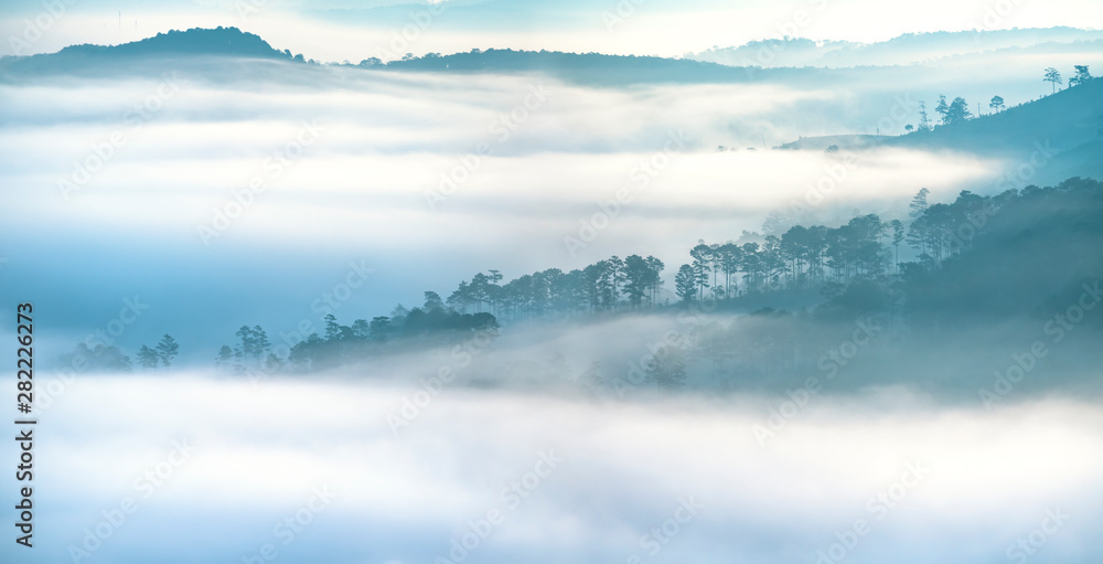 Dawn on the plateau pine forests covered with fog shrouded so beautiful idyllic countryside Dalat plateau, Vietnam Dawn on the plateau pine forests covered with fog shrouded so beautiful idyllic countryside Dalat plateau, Vietnam