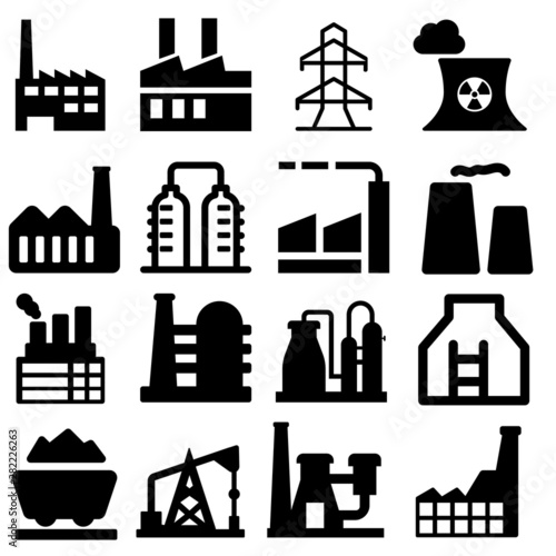 Industrial factories vector icons set. Factory icon illustration. Industry power,  chemical manufacturing building warehouse nuclear energy plant.