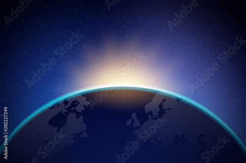 Dawn from space. Dawn from space. Rising sun behind the earth. Vector stock illustration.