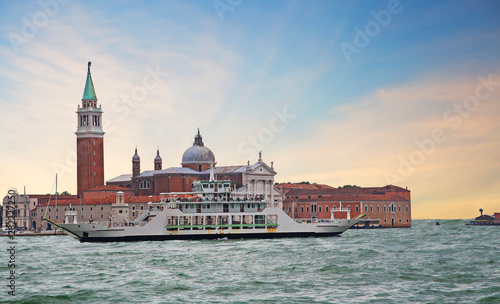 Venice, Italy, San Giorgio Maggiore Island. The main attraction of the island is the Cathedral of San Giorgio Maggiore. A great combination of brick-red color of the Basilica and the color of white s