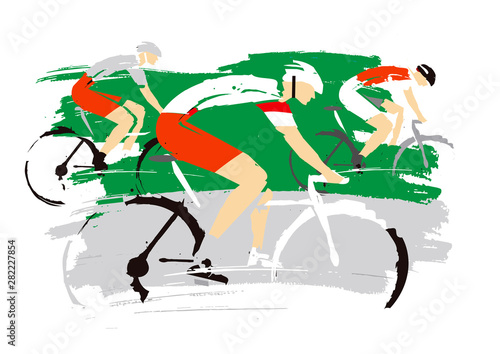 Road cycling racers, .  Expressive stylized drawing of road cyclists, imitating drawing ink and brush. Vector available.