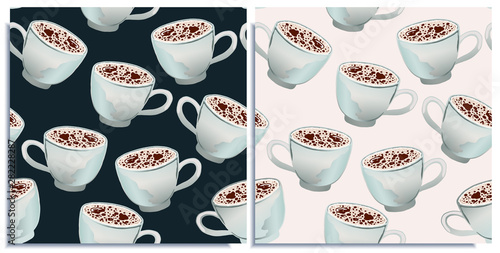 Vector set of seamless patterns with wonderful coffee with froth, cappuccino, latte, tasty. Hand-drawn in graphic and real-style at the same time. Porcelain cup marine color. Good wrap, cover