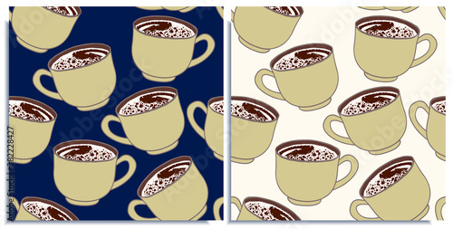 Vector set of seamless patterns with wonderful coffee with realistic froth, cappuccino, latte, tasty. Hand-drawn in graphic and real-style at the same time. Big cup green color. Good wrap, cover