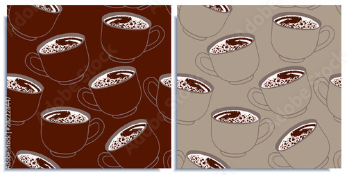 Vector set of seamless patterns with wonderful coffee with froth, cappuccino, latte, tasty. Hand-drawn in graphic and real-style at the same time. Colorful: brown, beige. Good wrap, background