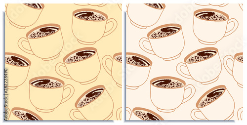 Vector set of seamless patterns with wonderful coffee with realistic froth, cappuccino, latte, tasty. Hand-drawn in graphic and real-style at the same time. Porcelain cup transparent. Good wrap