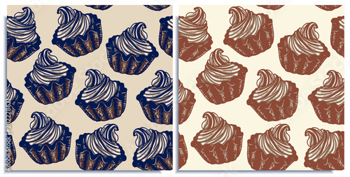 Vector set of seamless patterns with wonderful cupcake. Crumbly, gentle wet biscuit cupcake with a stunning cream soft air cheese cream, brown color, taste like creme brulee. Hand-drawn, graphic