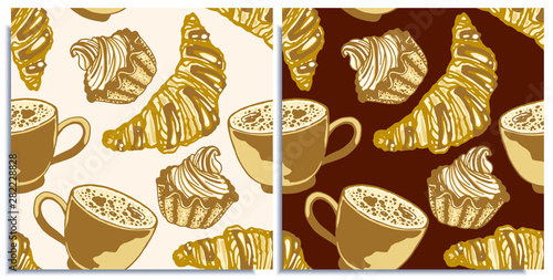 Vector set of seamless patterns with wonderful cupcakes, roissant, coffee with froth, cappuccino, latte, tasty. Hand-drawn in graphic and real-style at the same time. Warm brown compos. Light, dark