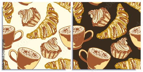 Vector set of seamless patterns with wonderful cupcakes, roissant, coffee with froth, cappuccino, latte, tasty. Hand-drawn in graphic and real-style at the same time. Porcelain cup red. Black-white.