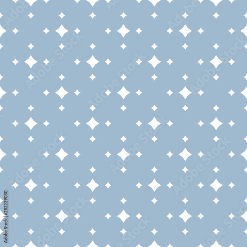 Vector ornamental seamless pattern with small diamond shapes, stars. Abstract blue and white geometric texture. Elegant repeat background. Design for decor, textile, fabric, ceramic, cloth, curtain