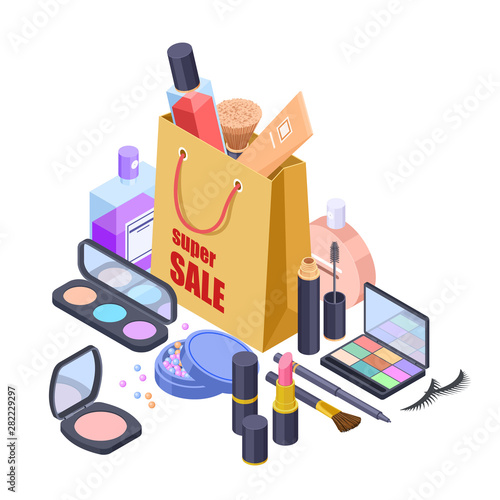 Cosmetic sale shoppig bag vector isometric concept. Illustration of bag with cosmetics, mirror and skincare cream
