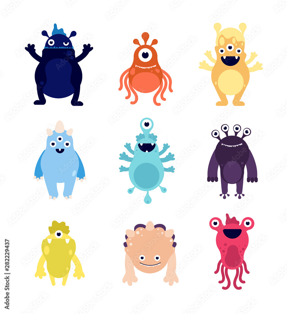 Fototapeta premium Funny monsters. Cute baby monster aliens bizarre avatars. Crazy hungry halloween animals isolated cartoon vector characters. Illustration bizarre animal alien, funny monster, creature cheerful beast