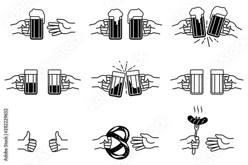 Hands clinks glass beer mugs, gives grilled sausage on fork, salted pretzel, shows gesture of like thumb up. Friendly hands drinks of beer. Set of vector icon illustration for Oktoberfest, pub or bar.