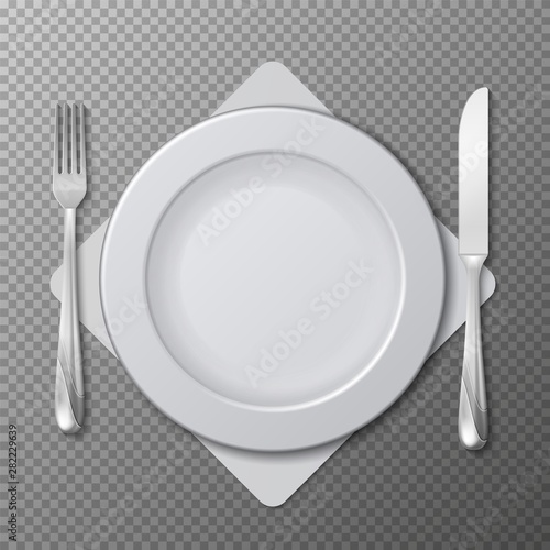 Realistic plate, cutlery vector. Table setting with white plate, fork and knife isolated on transparent background. Knife and fork for lunch or dinner, cutlery and utensil illustration