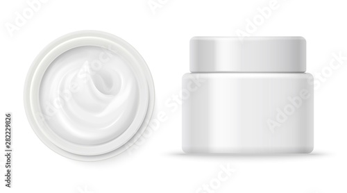 Cosmetic cream containers vector. Cream container top and front view isolated on white background. Illustration of container with white cream
