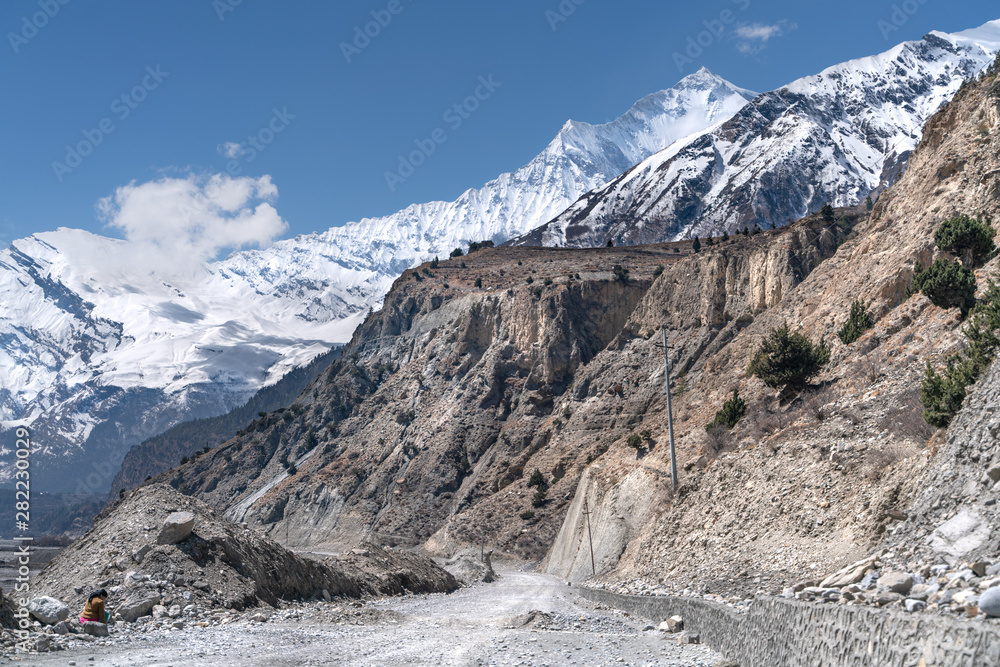 Nepal. The view on Annapurna trail track. The view on Dhaulagiri peak