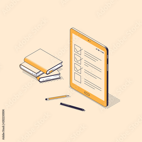 Online test or exam isometric concept - list with checkboxes and checkmarks on screen of digital tablet.