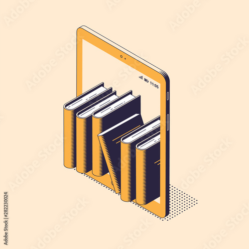 Online reading or education isometric vector illustration - stack of paper books standing inside of digital tablet.