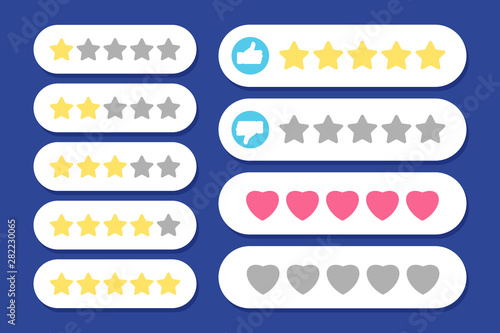 Rating rows. Stars hearts like and dislike vector icons. Illustration of rating review, best vote, quality choice