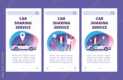 Car sharing service mobile app pages vector template. Illustration of car app service, web page for rent car, carsharing