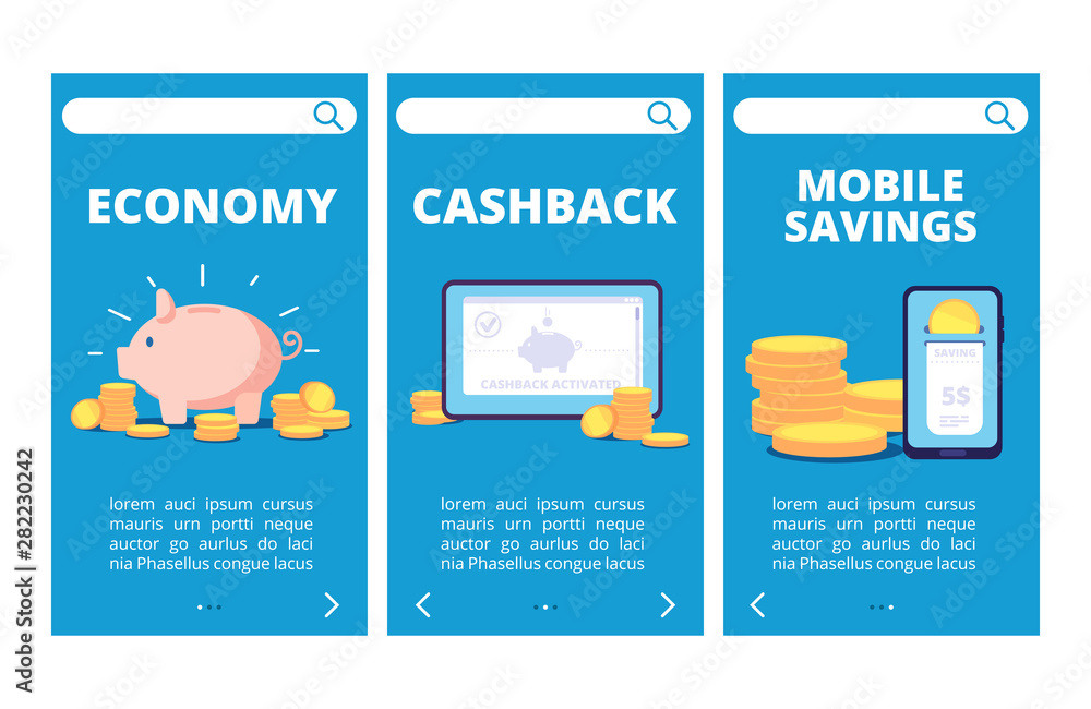 Save money mobile app pages. Banking and savings vector banners. Illustration of business finance, cashback and banking online