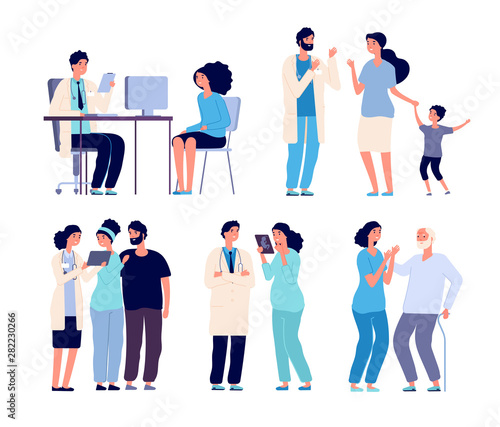 Doctors and patients. Medical hospital staff, diagnosis treatment patient. Clinic doctor nurse with sick persons. Vector characters medical patient and doctor, healthcare illustration