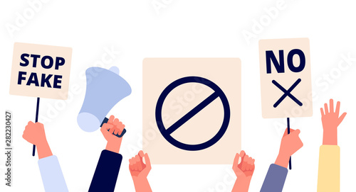 Hands with protests placards. People holding political banners, activists with strike manifestation signs. Human right vector concept. Illustration revolution manifestation, protest demonstration