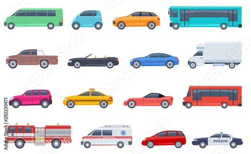 City transport set. Police car ambulance fire engine bus taxi cabriolet suv pickup vector flat isolated urban transportation. Car taxi and police, road vehicle illustration