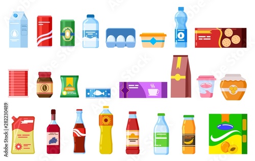 Snack products. Biscuit water juice biscuits cola ketchup yogurt coffee soup. Packed cooking product flat vector isolated icons set. Illustration of package and bottle, product sweets and snack